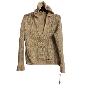 Stamp 10 Open‎ Knit Boho Cropped Beach Hoodie Sweater Beige Cinch Waist Medium